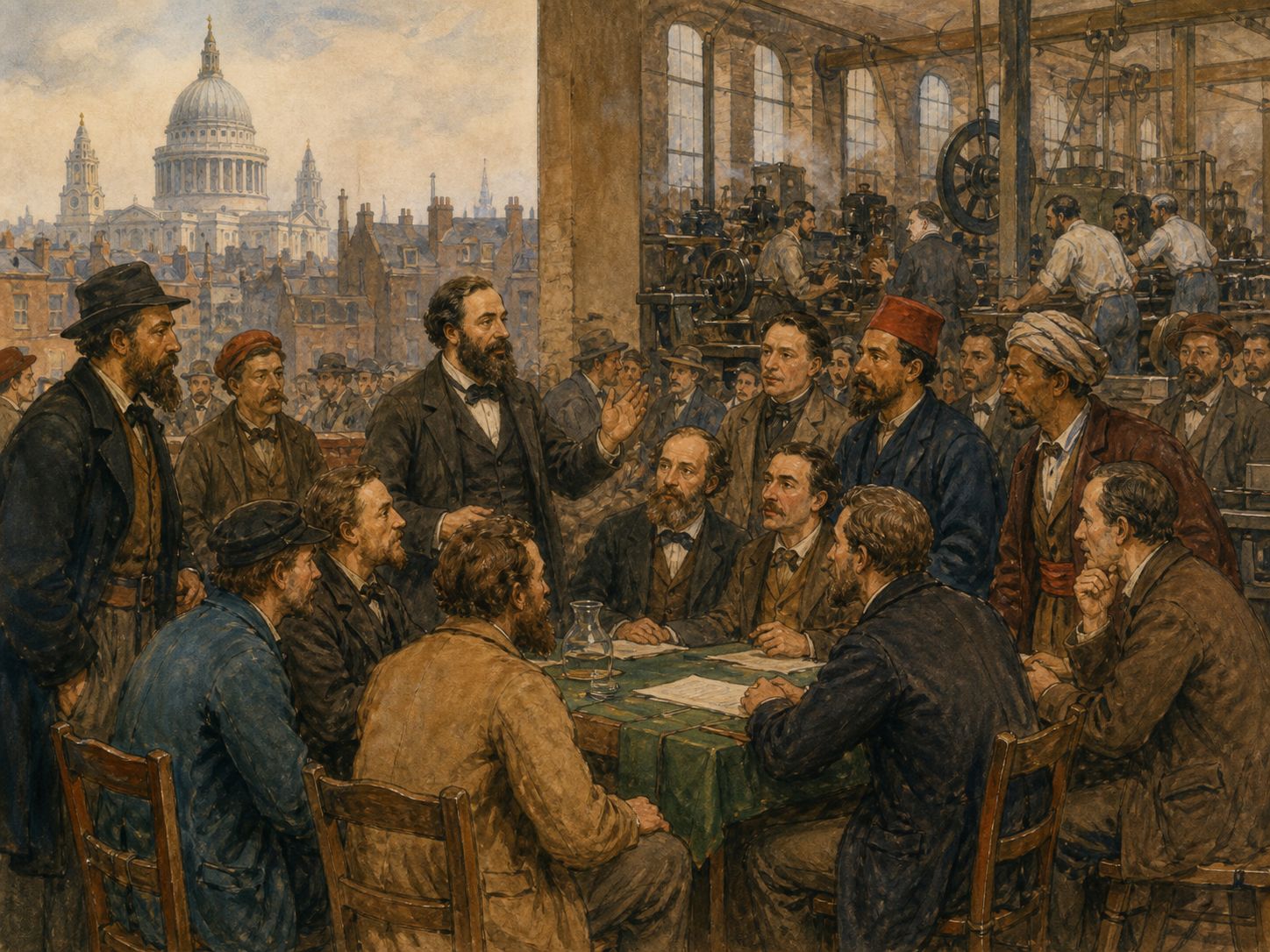 Historical reconstruction of Foundation of the First International's immediate aftermath: It pioneered political movements linking trade unions, socialism, and international solidarity.