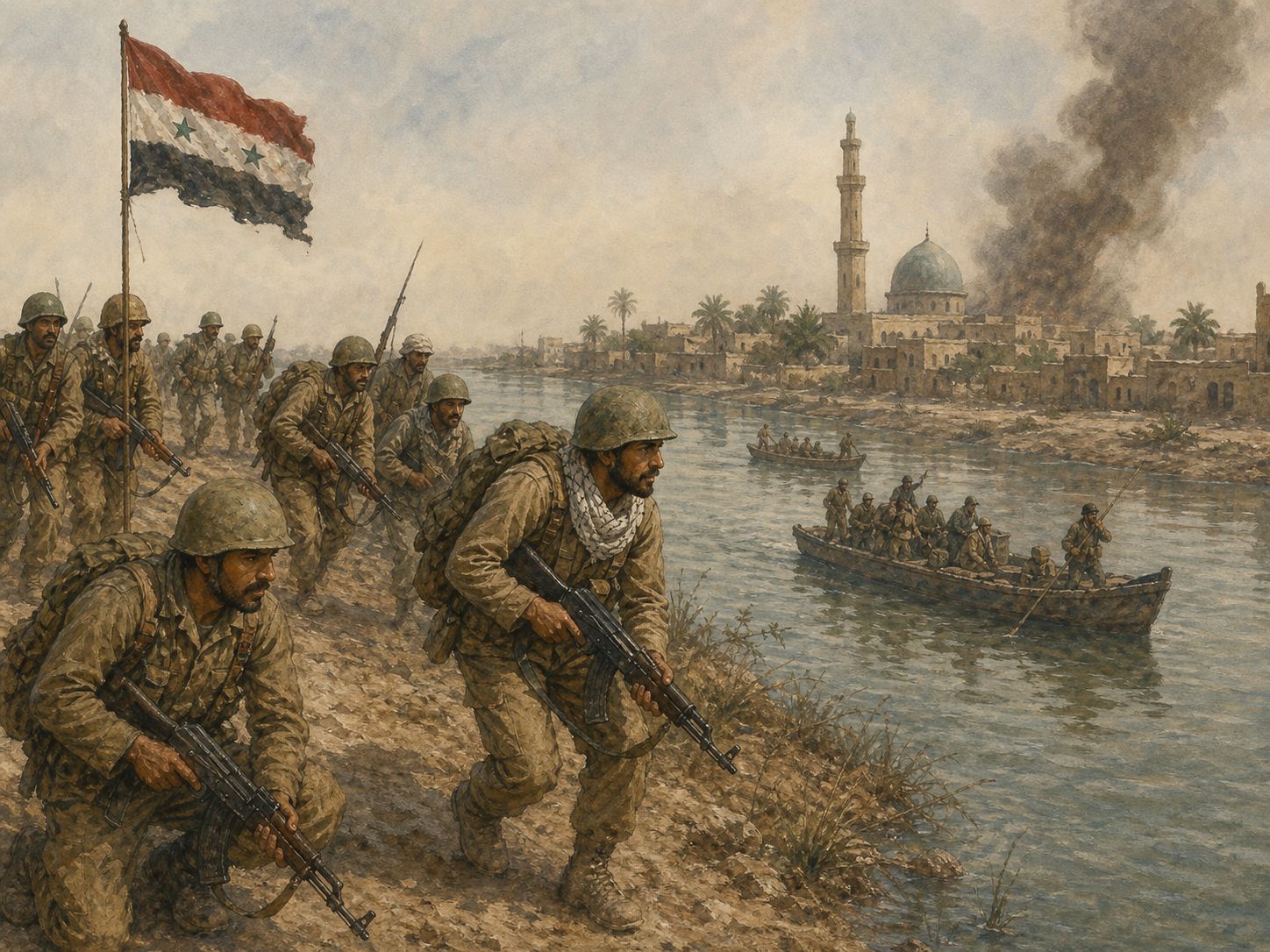 Historical reconstruction of Iran-Iraq War's central action: Iraq’s invasion stalled after early gains, and the conflict expanded into trench warfare, city attacks, the tanker war, and chemical weapons use.