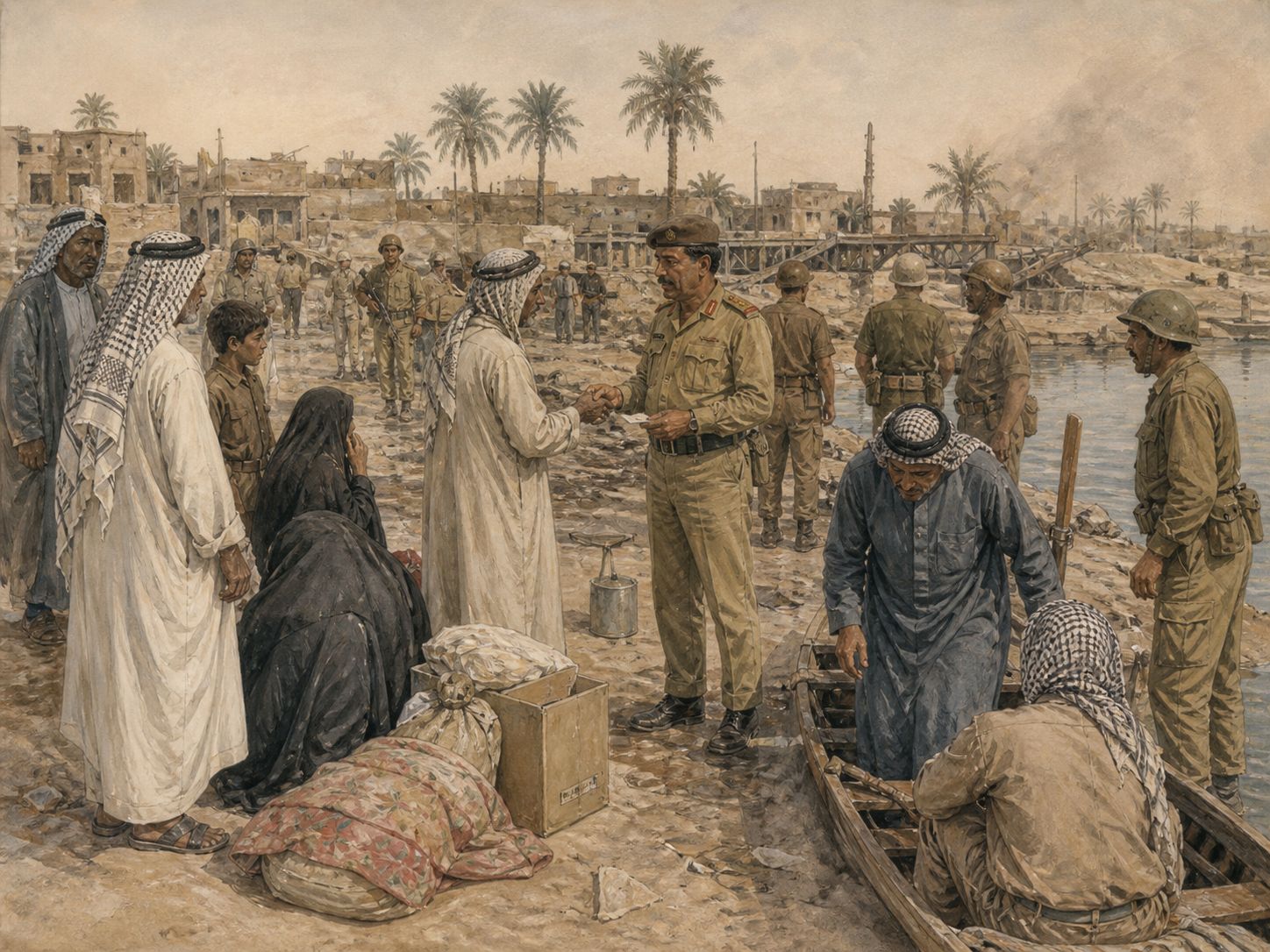 Historical reconstruction of Iran-Iraq War's immediate aftermath: A ceasefire followed UN Resolution 598 in 1988, while immense losses remained in both societies and along the border.