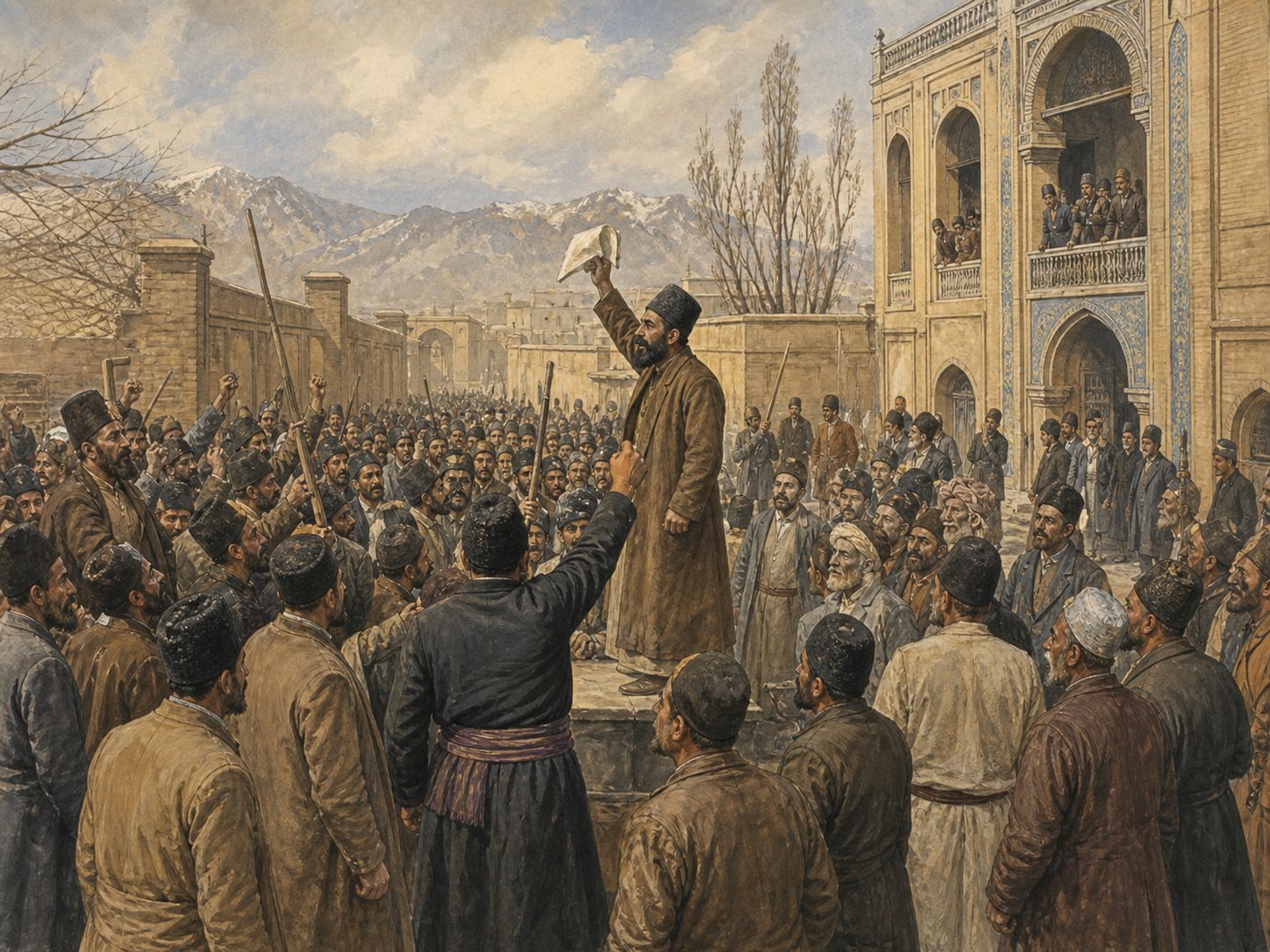 Historical reconstruction of Iranian Constitutional Revolution's central action: Sanctuary protests, strikes, and demonstrations spread, producing a parliament and constitution in 1906 amid continued royal and foreign interference.
