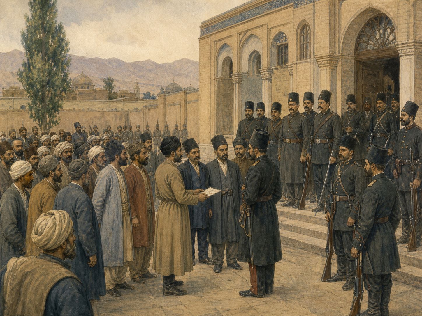 Historical reconstruction of Iranian Constitutional Revolution's immediate aftermath: Armed conflict between constitutionalists and royalists and Russian intervention severely constrained the constitutional movement.