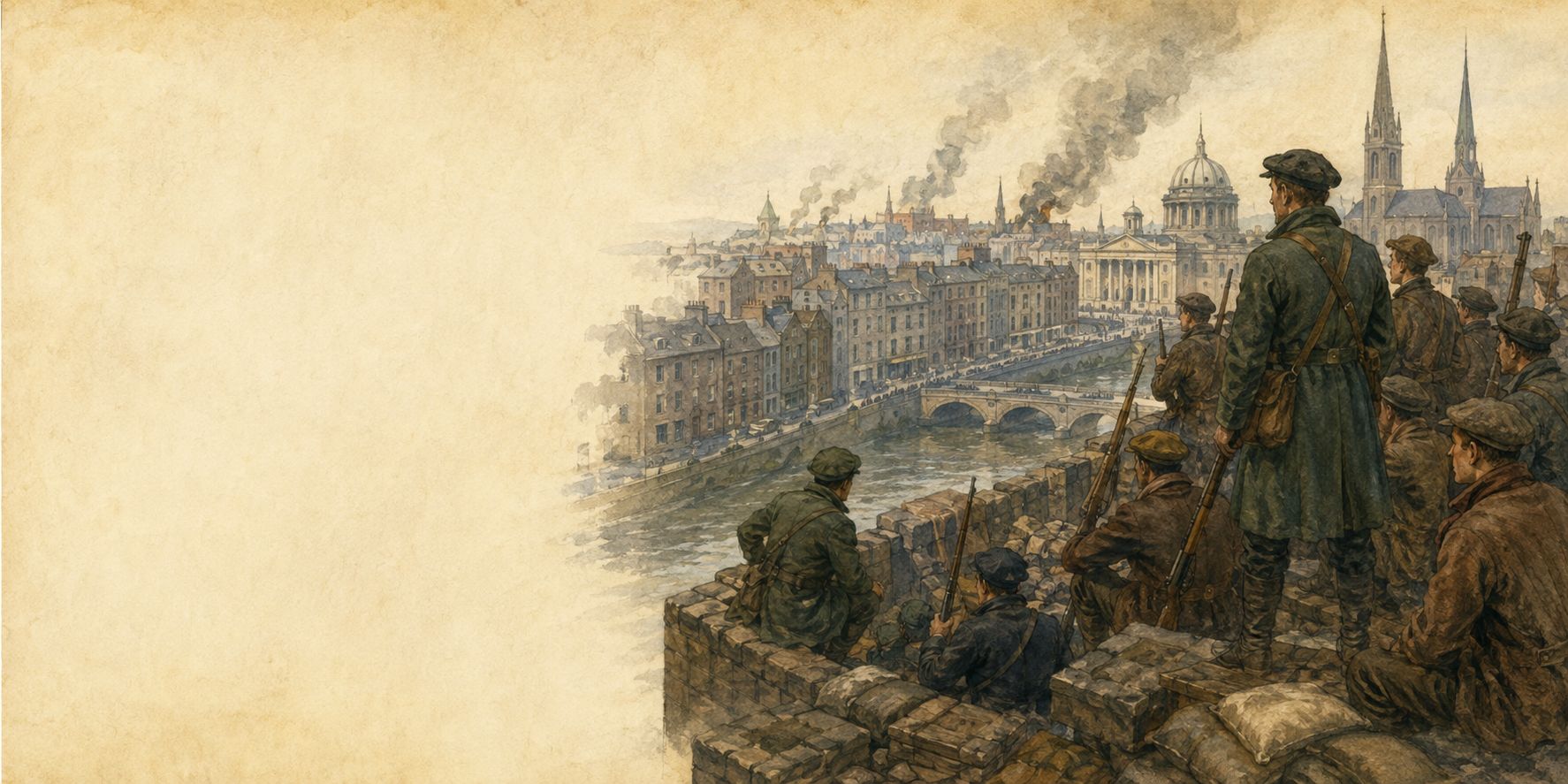 Volunteers watch Dublin through smoke from a barricade