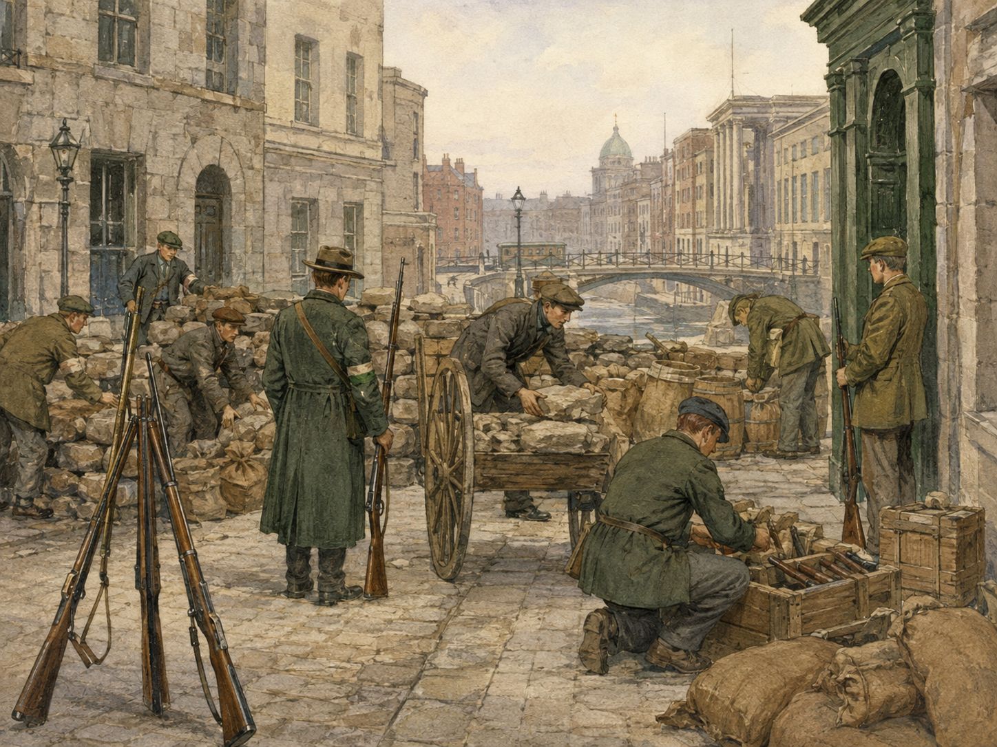 Civilians and soldiers build a barricade in a Dublin street
