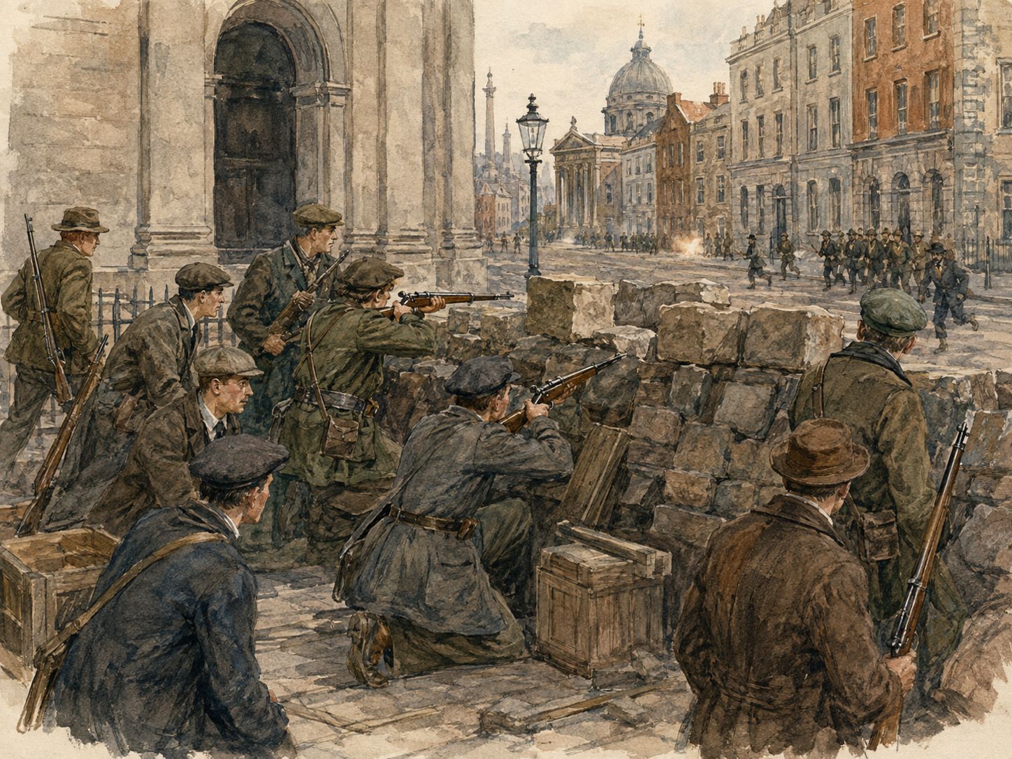 Irish Volunteers confront British troops in a Dublin street beneath the tricolor