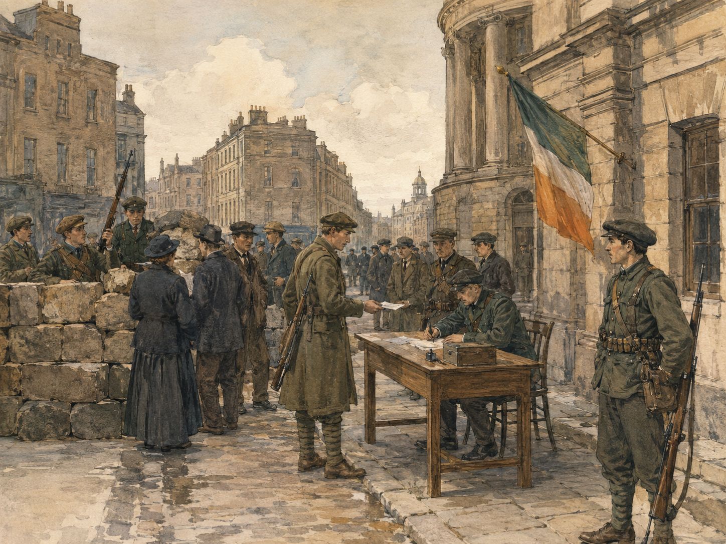 Residents and soldiers clear rubble in Dublin after the fighting