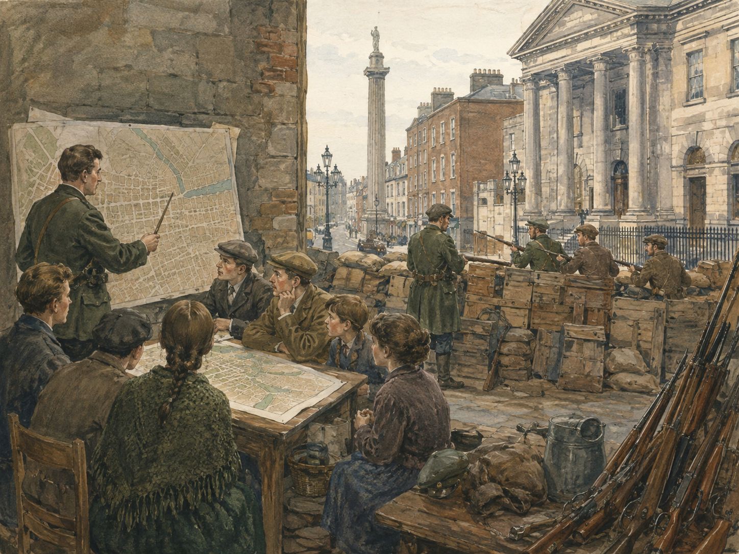 People use a map to explain the Dublin battlefield and the memory of the rising