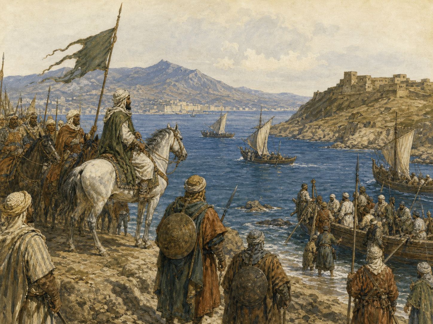 Historical reconstruction of Islamic Conquest of Iberia's central action: Forces associated with Tariq ibn Ziyad advanced north, and after Guadalete incorporated cities and regional powers.