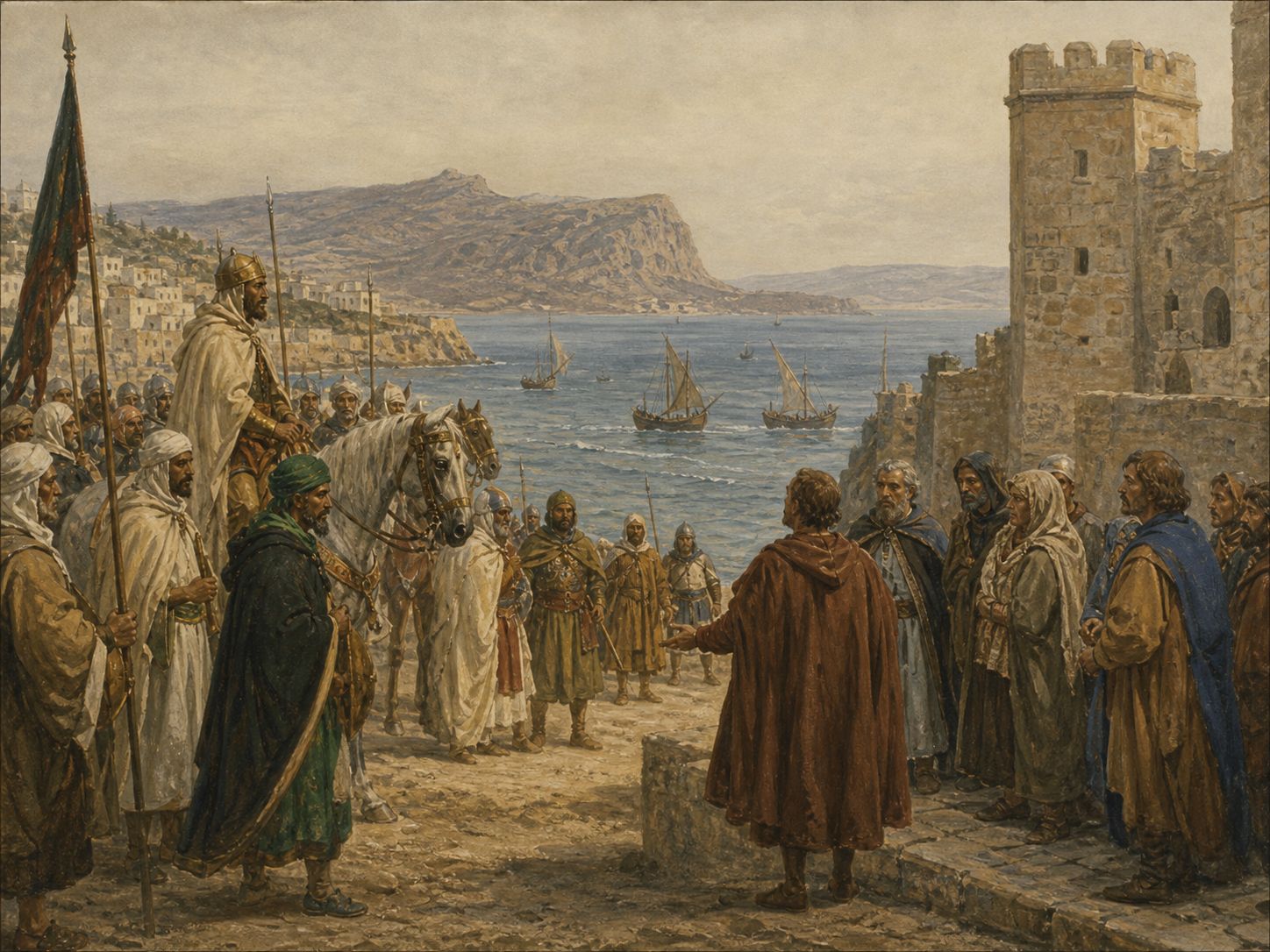Historical reconstruction of Islamic Conquest of Iberia's immediate aftermath: A political society known as al-Andalus developed around Córdoba, while Christian powers remained in the north.