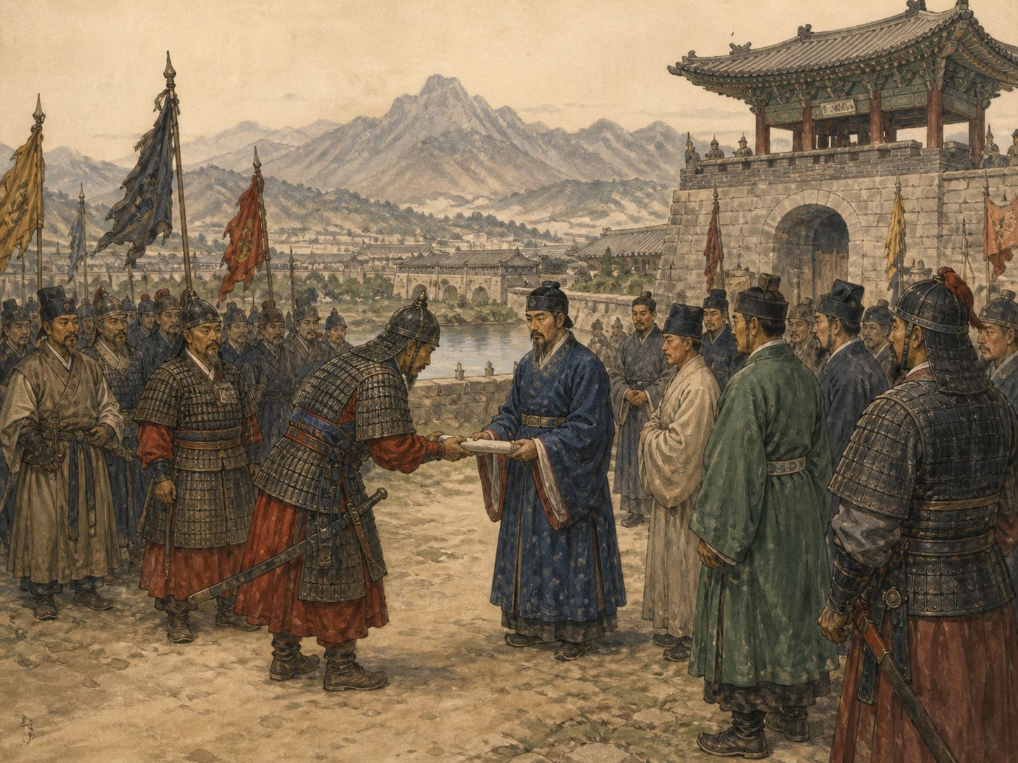 Historical reconstruction of Foundation of the Joseon Dynasty's central action: After the Wihwa Island retreat and coup, Yi’s regime developed a Confucian bureaucratic state and a tributary relationship with Ming.