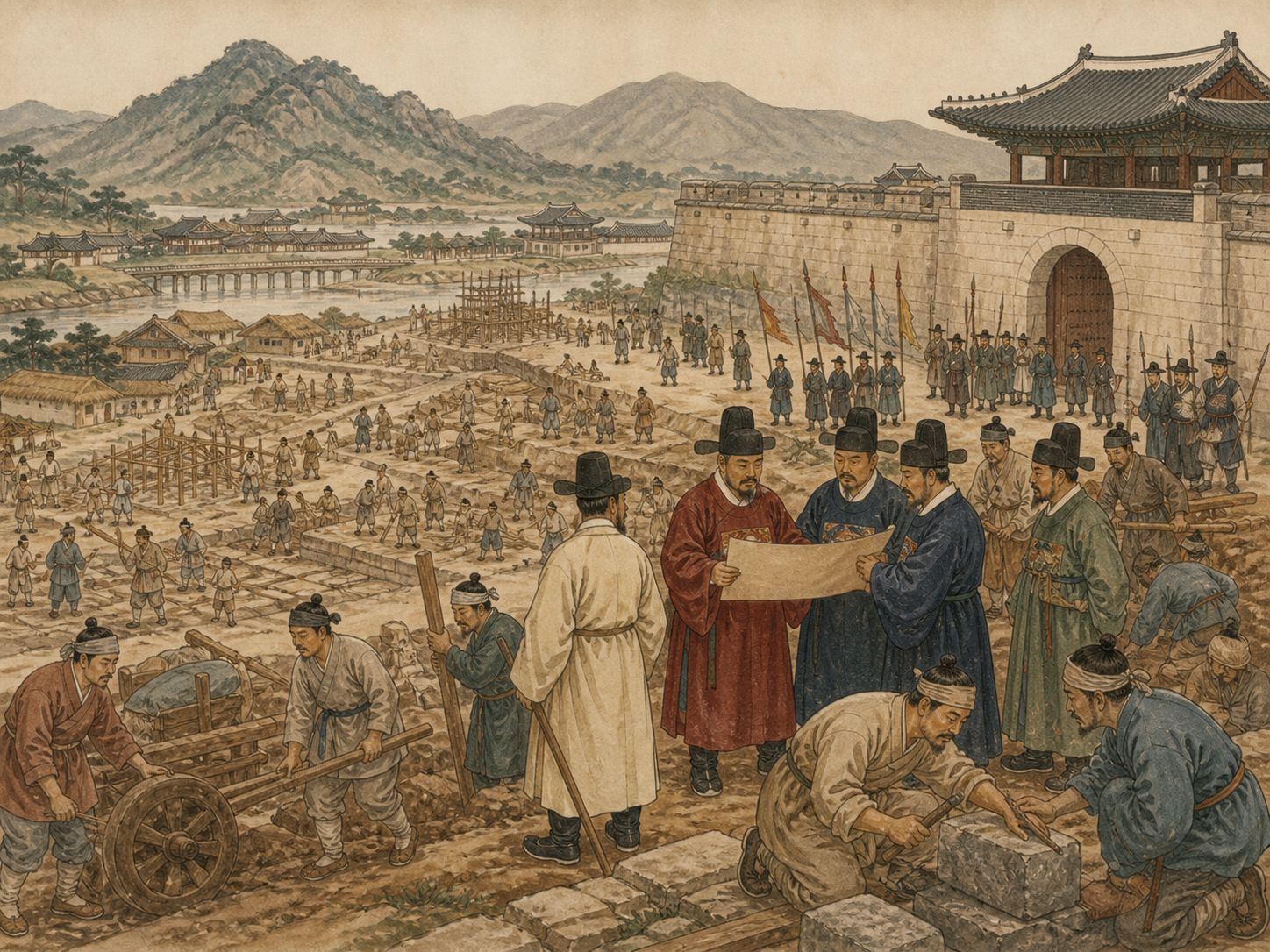 Historical reconstruction of Foundation of the Joseon Dynasty's immediate aftermath: The dynasty moved its capital to Hanyang and reorganized rule through examinations, land institutions, and ritual.
