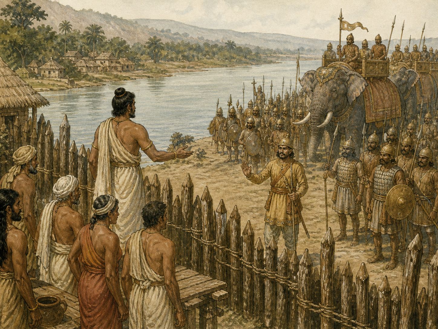 Historical reconstruction of Kalinga War's central action: Mauryan ruler Ashoka conquered Kalinga in eastern India and later recorded the human cost of the war in inscriptions.