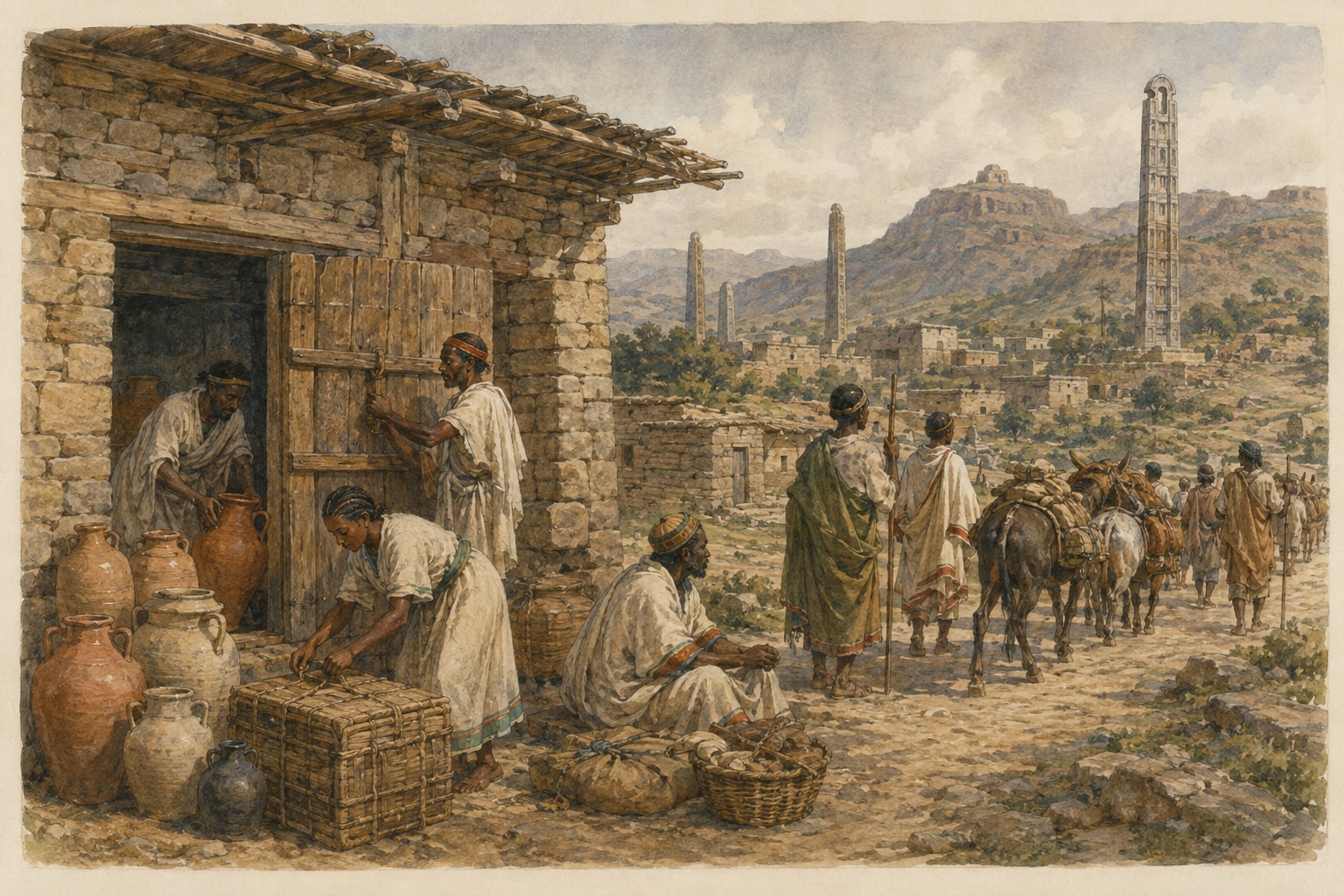 Historical reconstruction of changing trade conditions through Aksumite architecture, commerce, and material culture