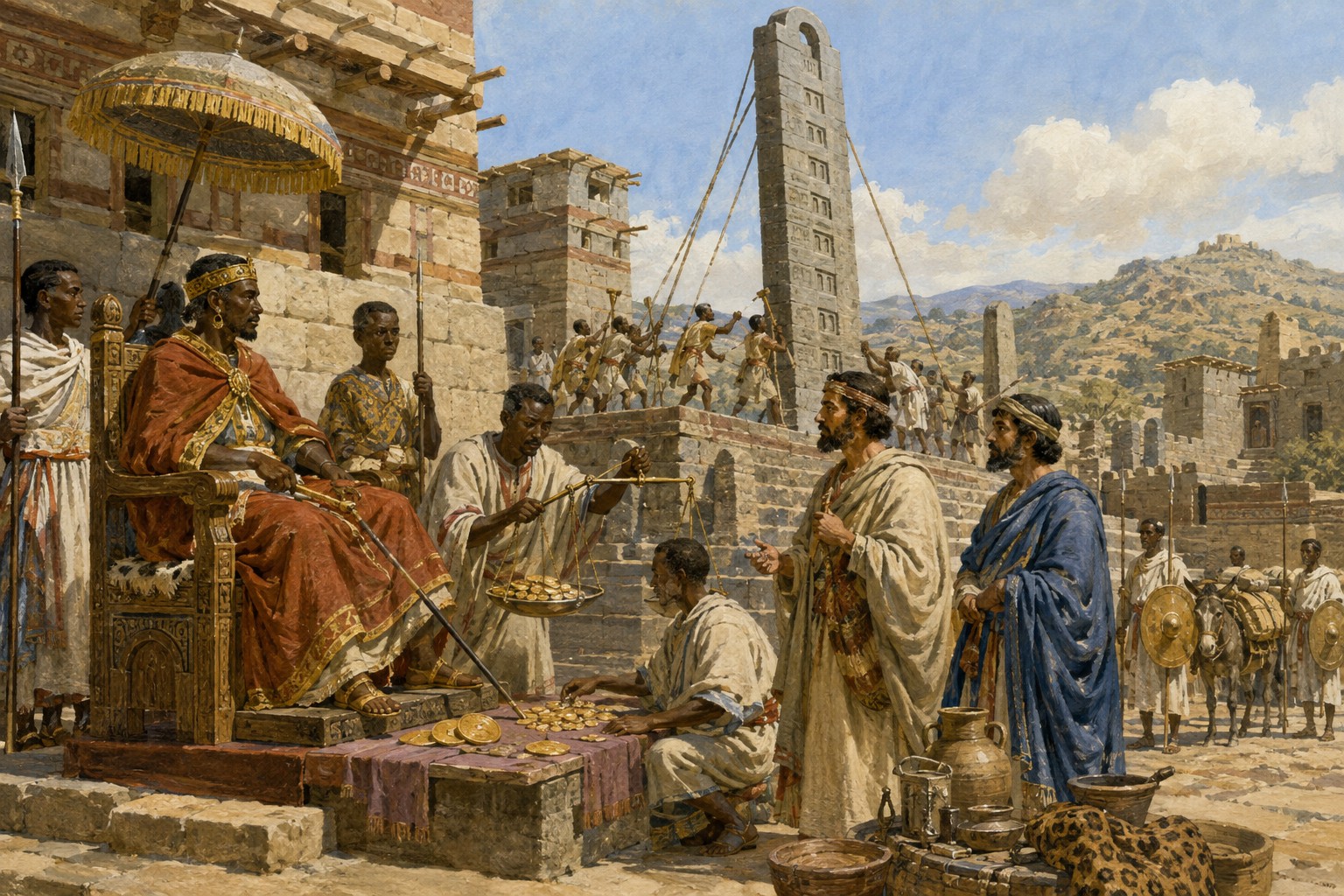 Historical reconstruction of kingdom at its height through Aksumite architecture, commerce, and material culture