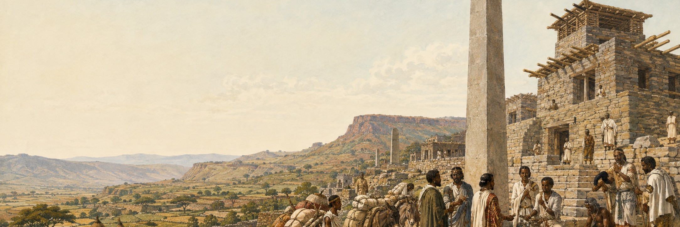 Historical reconstruction of the highland capital of Aksum with granite stelae, stone buildings, and merchants carrying trade goods