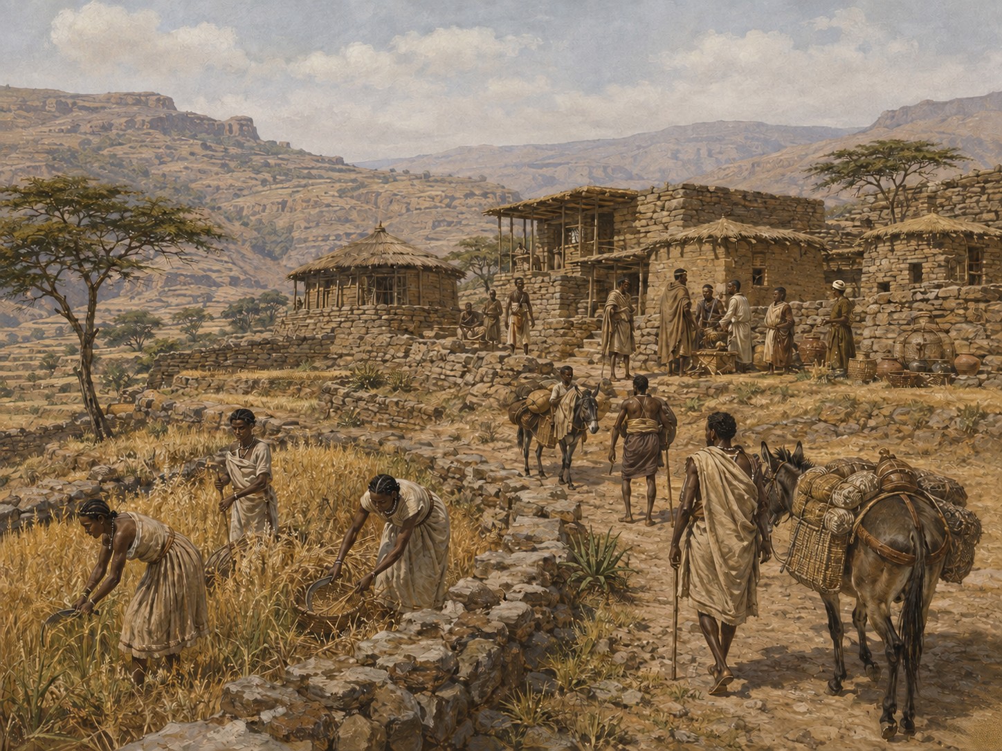 Historical reconstruction of Tigray highland terraces and a caravan approaching early Aksum