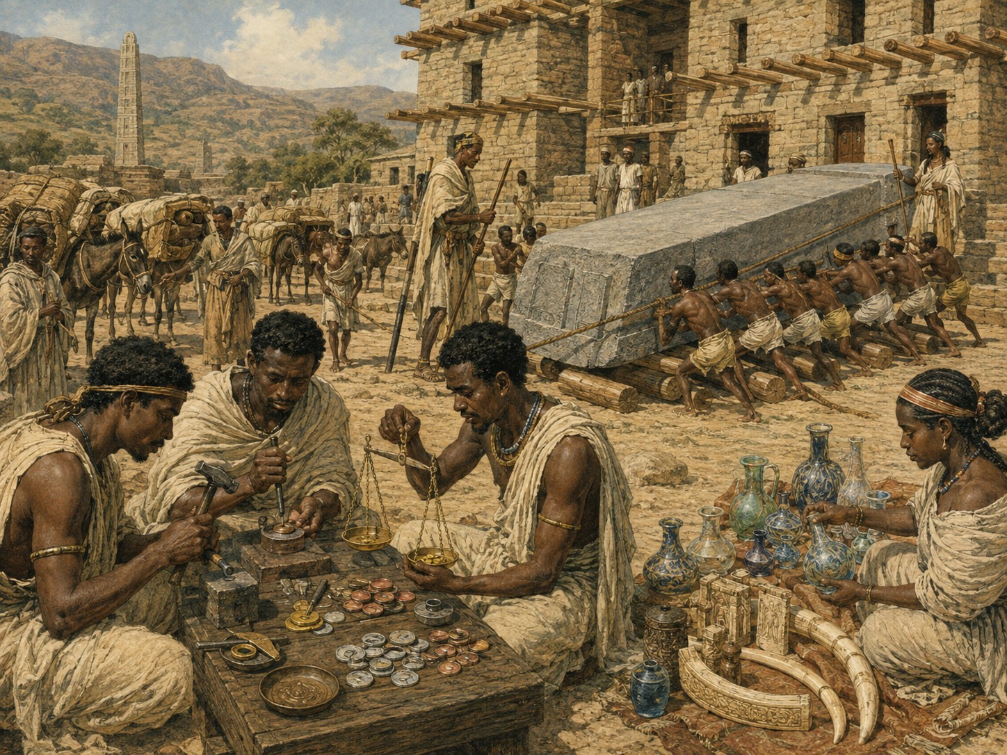 Historical reconstruction of coin minting, stela building, and commerce in the capital of Aksum