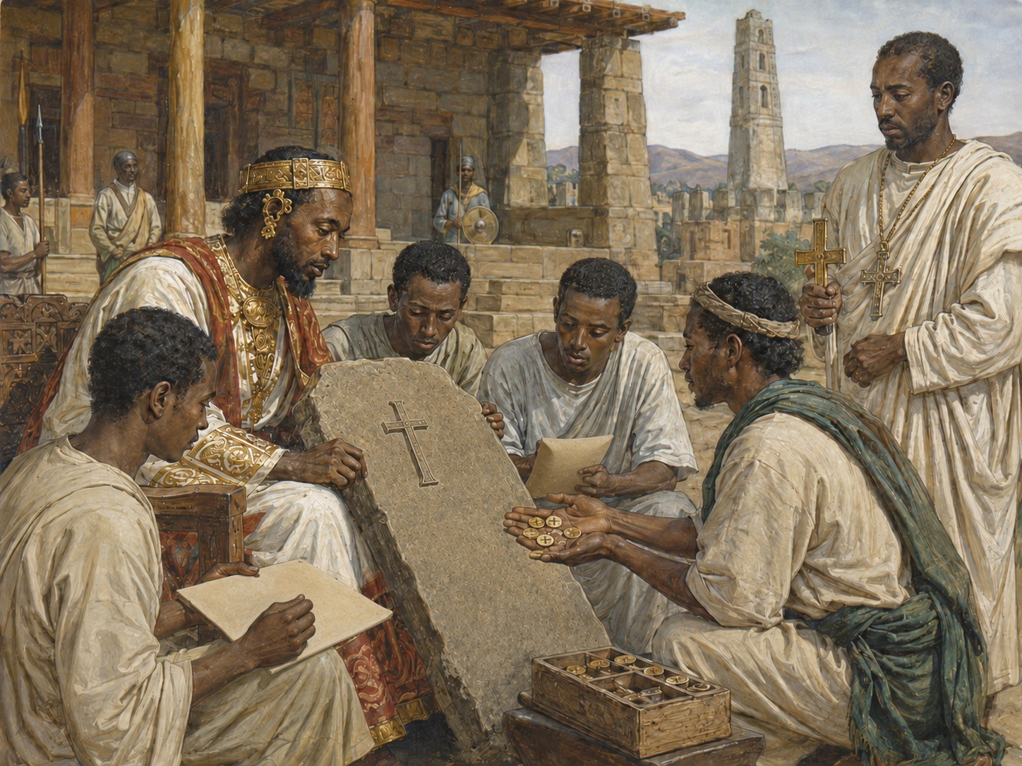 Historical reconstruction of Ezana-era courtiers examining a multilingual inscription and cross-marked coins