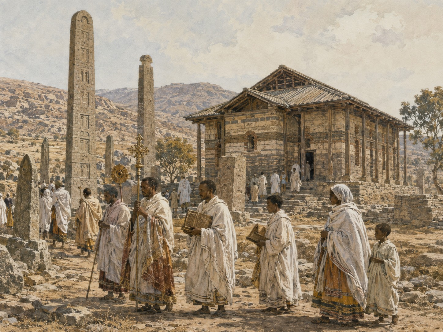 Historical reconstruction of Aksum’s ancient stelae field and an early Christian church in the highland landscape