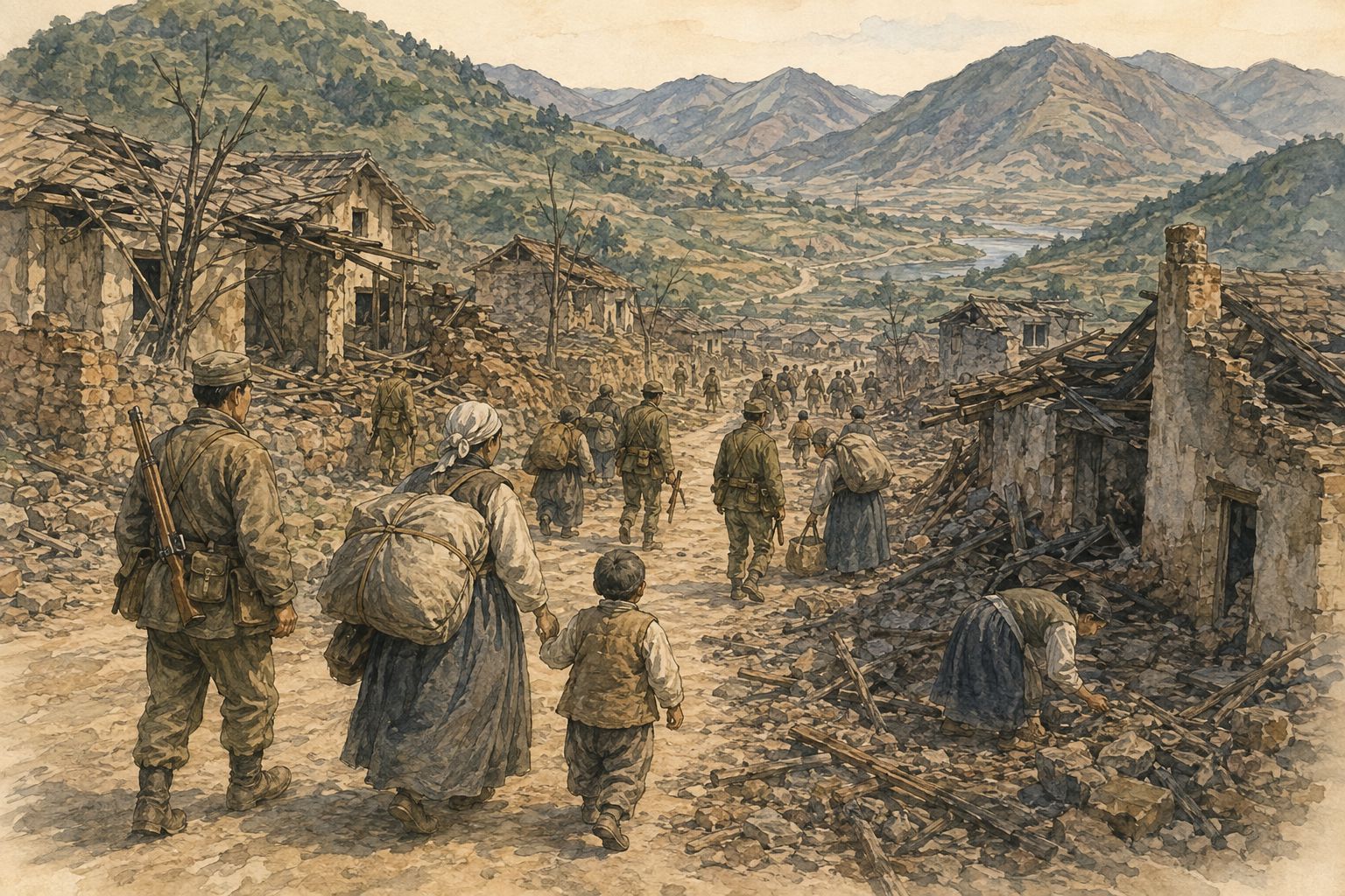 Soldiers and residents returning to a Korean mountain village beside a broken bridge