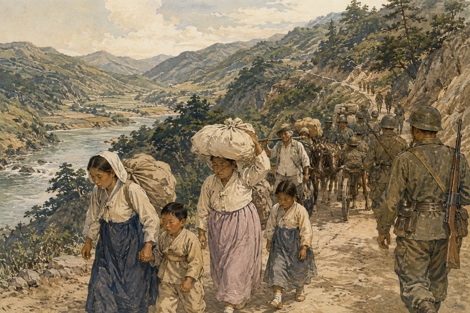 Soldiers, displaced civilians, and vehicles crossing a stone bridge by a Korean mountain village