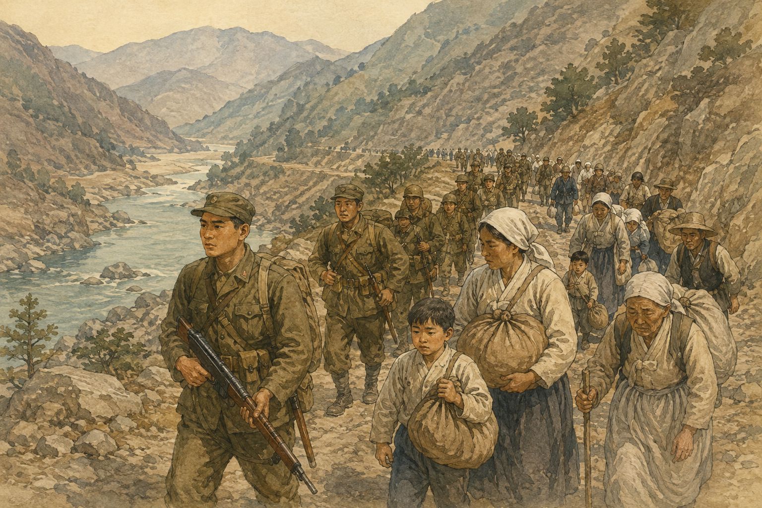 Soldiers and displaced civilians moving along a Korean mountain road in the central scene