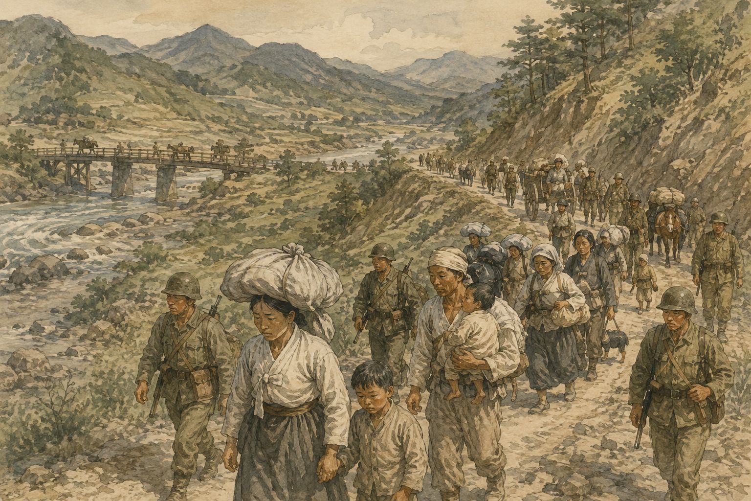 A continuing line of soldiers and residents on a mountain road above a Korean village