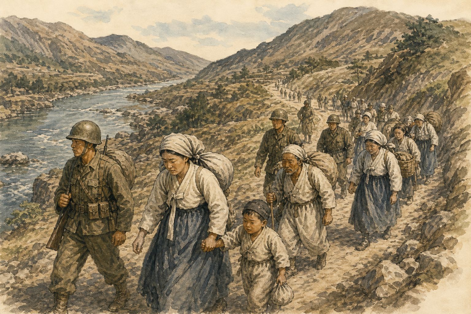 Soldiers and displaced civilians on a snowy Korean mountain road above a river valley
