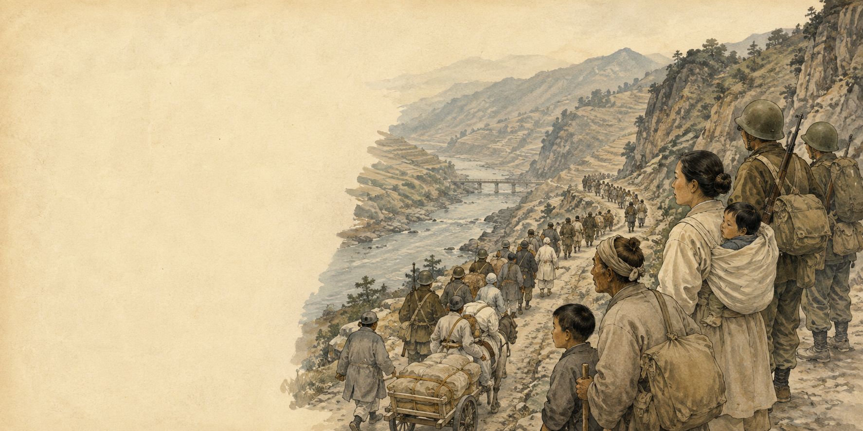 A panoramic Korean mountain road with soldiers and displaced civilians, leaving pale space on the left