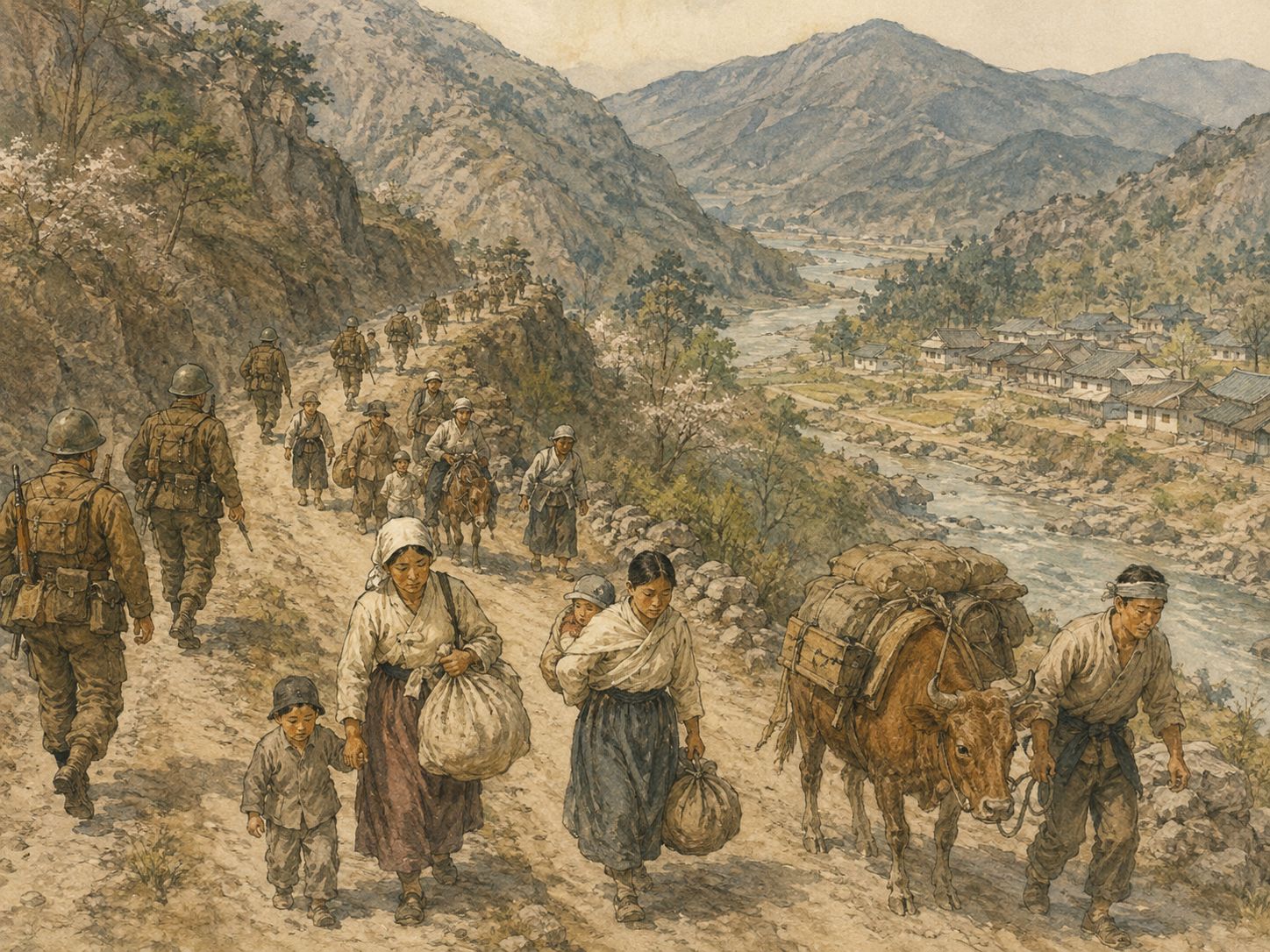 Soldiers, displaced civilians, carts, and a mountain village on a Korean wartime road