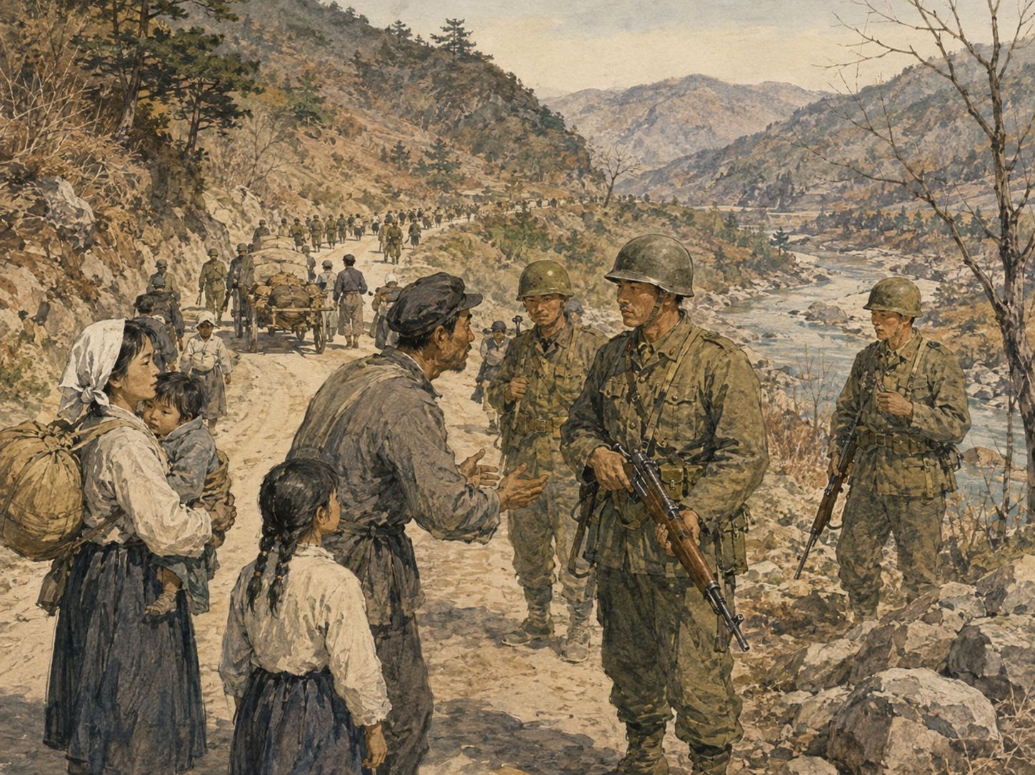Soldiers facing a burdened displaced family on a Korean mountain road
