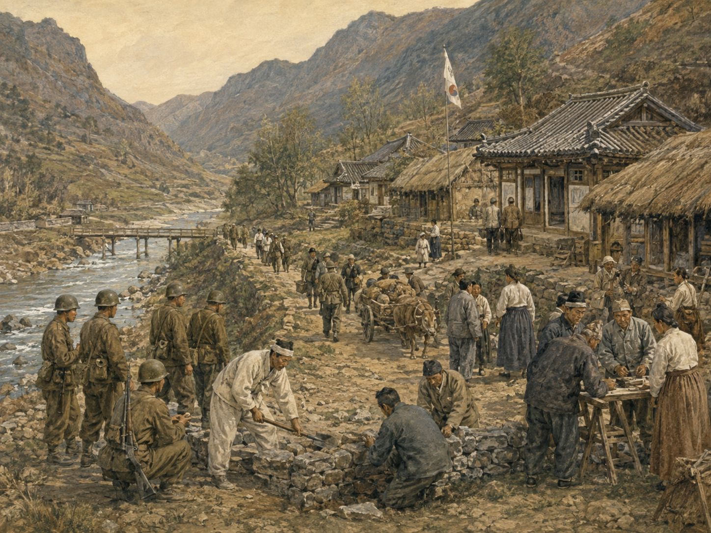 Vehicles, soldiers, and residents rebuilding life beside a damaged Korean mountain settlement