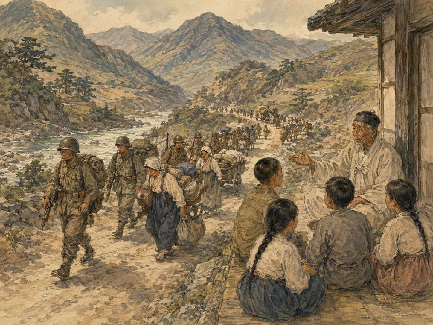 A Korean mountain road where an elder teaches children from a map as soldiers and displaced civilians pass
