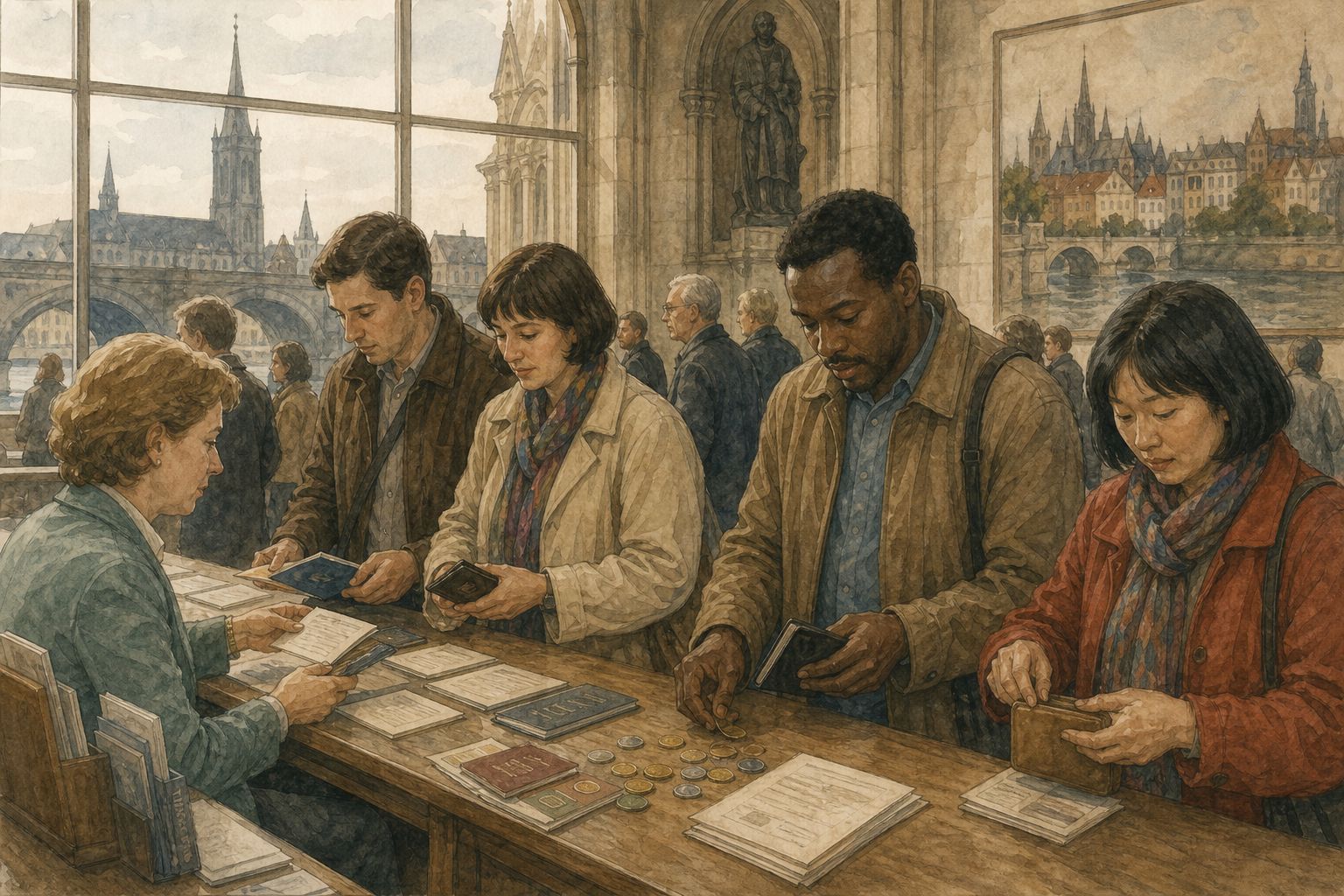 Diverse visitors sort neutral travel documents and coins at a European civic information desk