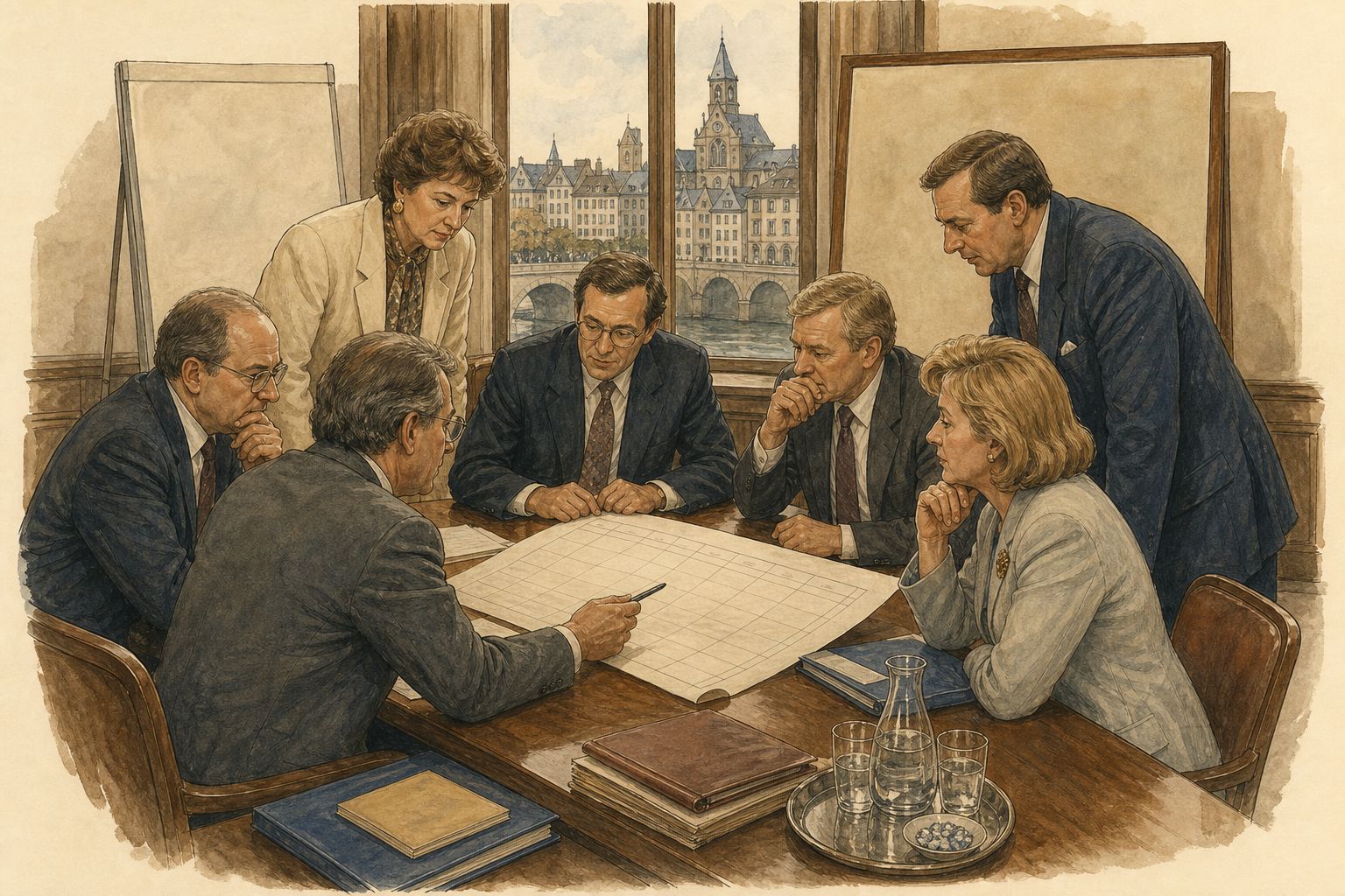 Delegates compare an unmarked timetable in a 1991 European Council preparation room