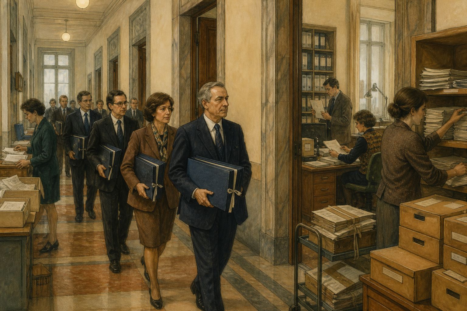 Clerks carry approved folders through a 1993 corridor linking national offices