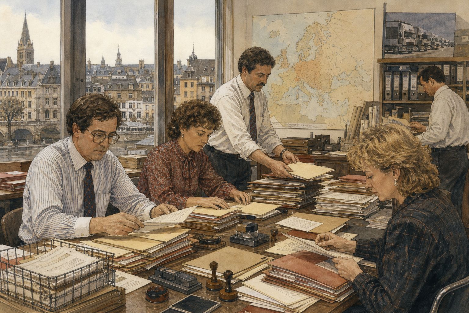 Staff sort trade folders and transport schedules in a late-1980s European market office