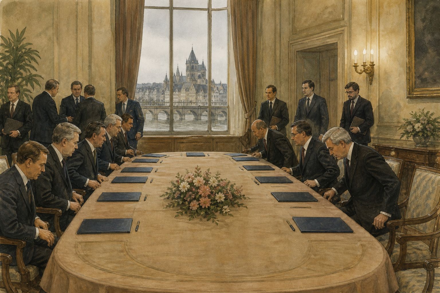 Delegations settle beside closed folders and pens in Maastricht in February 1992