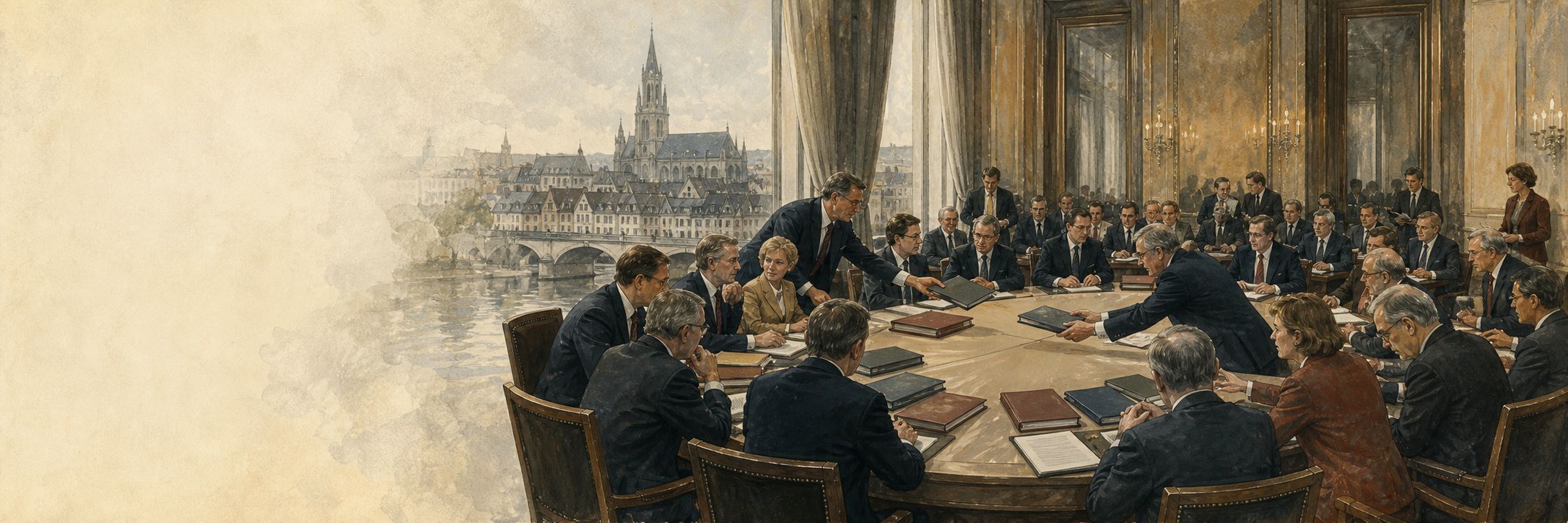 Delegations negotiate the Maastricht Treaty around blank folders in a 1992 conference room