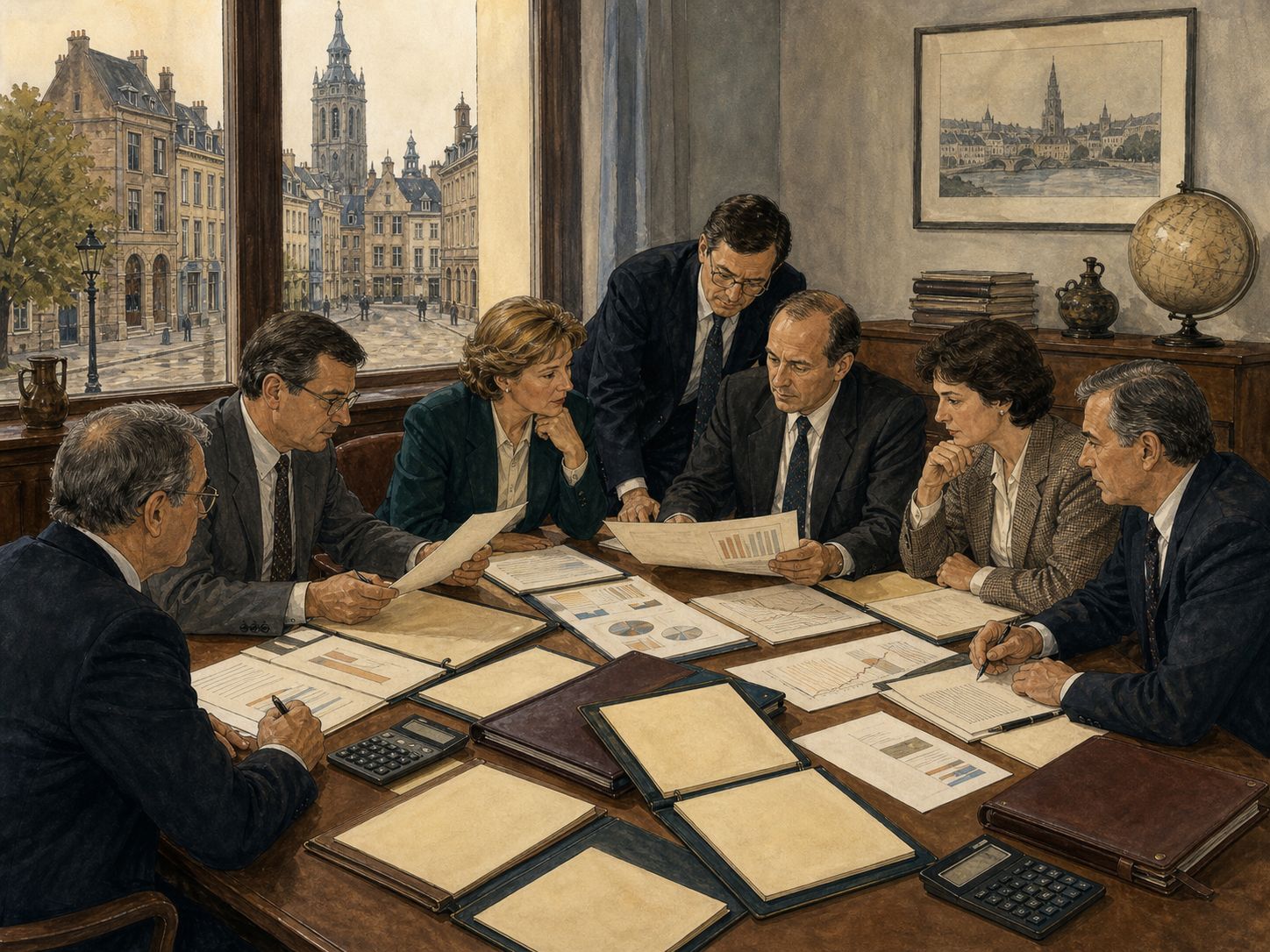 A late-twentieth-century European office compares economic dossiers and city transport plans