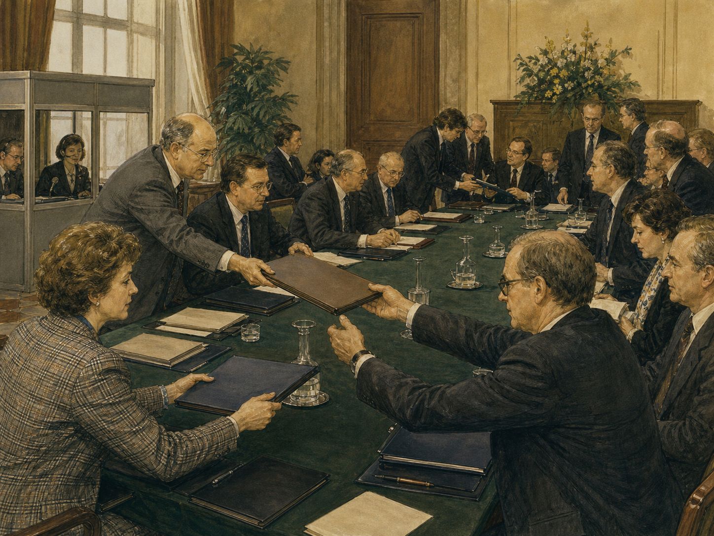 Translators, clerks, ministers, and advisers exchange blank folders around a 1992 treaty table
