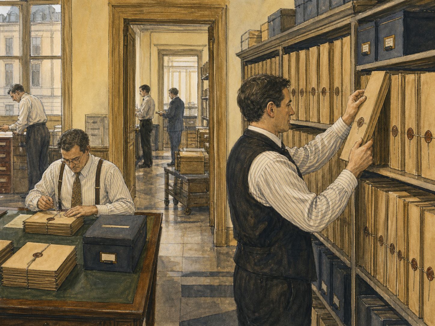 Clerks file unmarked treaty folders in a 1993 European archive room