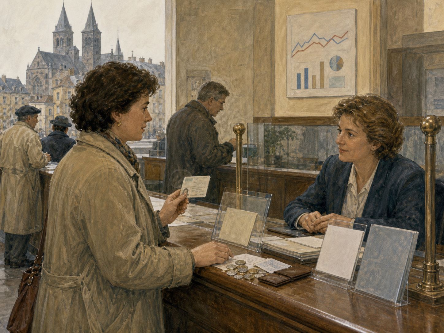 A European public counter shows identity cards, coins, and travel papers without logos