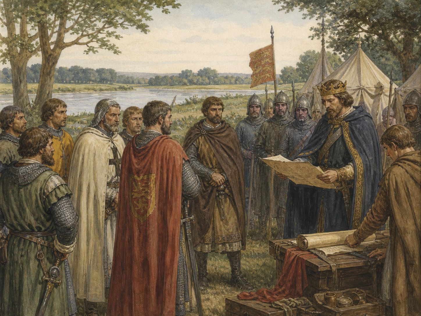 Historical reconstruction of Magna Carta's background: The loss of French territories, royal financial strain, heavy taxation, and discontent with government deepened the conflict between King John and England’s leading barons.