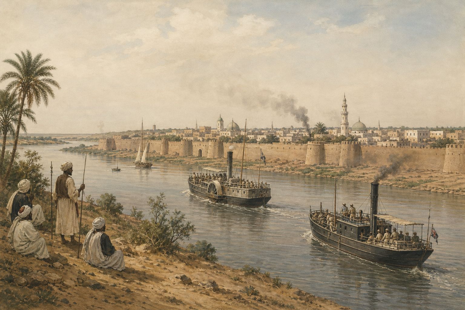People watch steamships move along the Nile toward a walled city