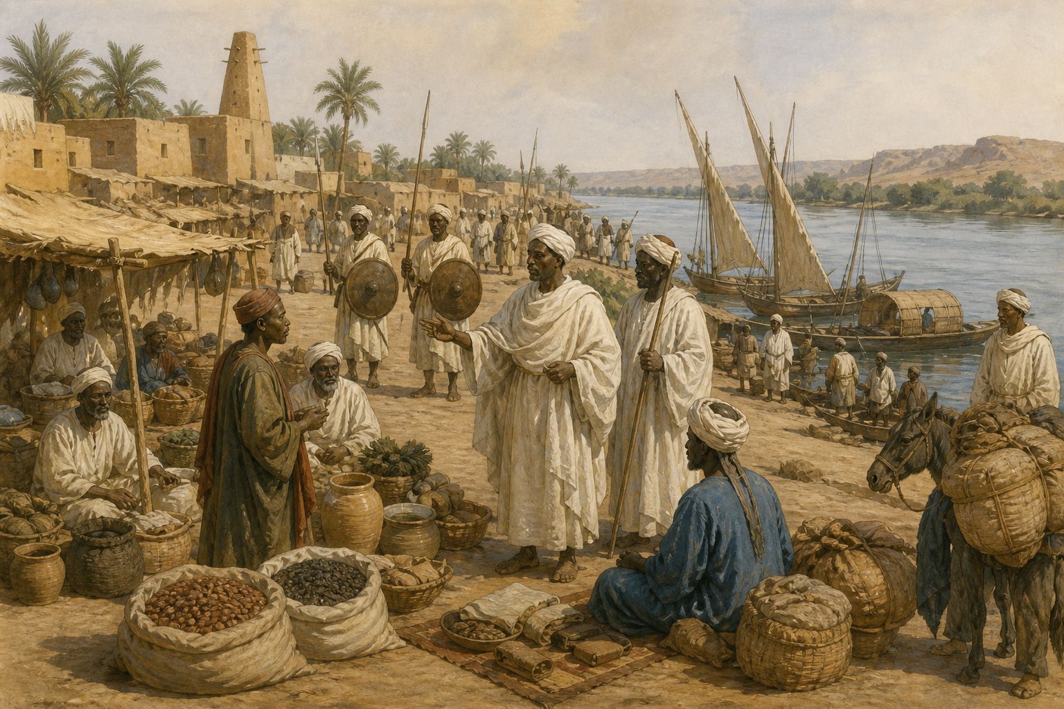 Officials and traders organize supplies along a market riverbank