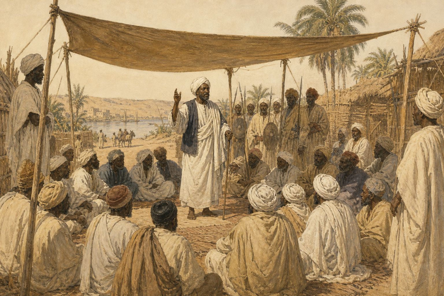 A religious leader addresses a gathering beneath a shade canopy
