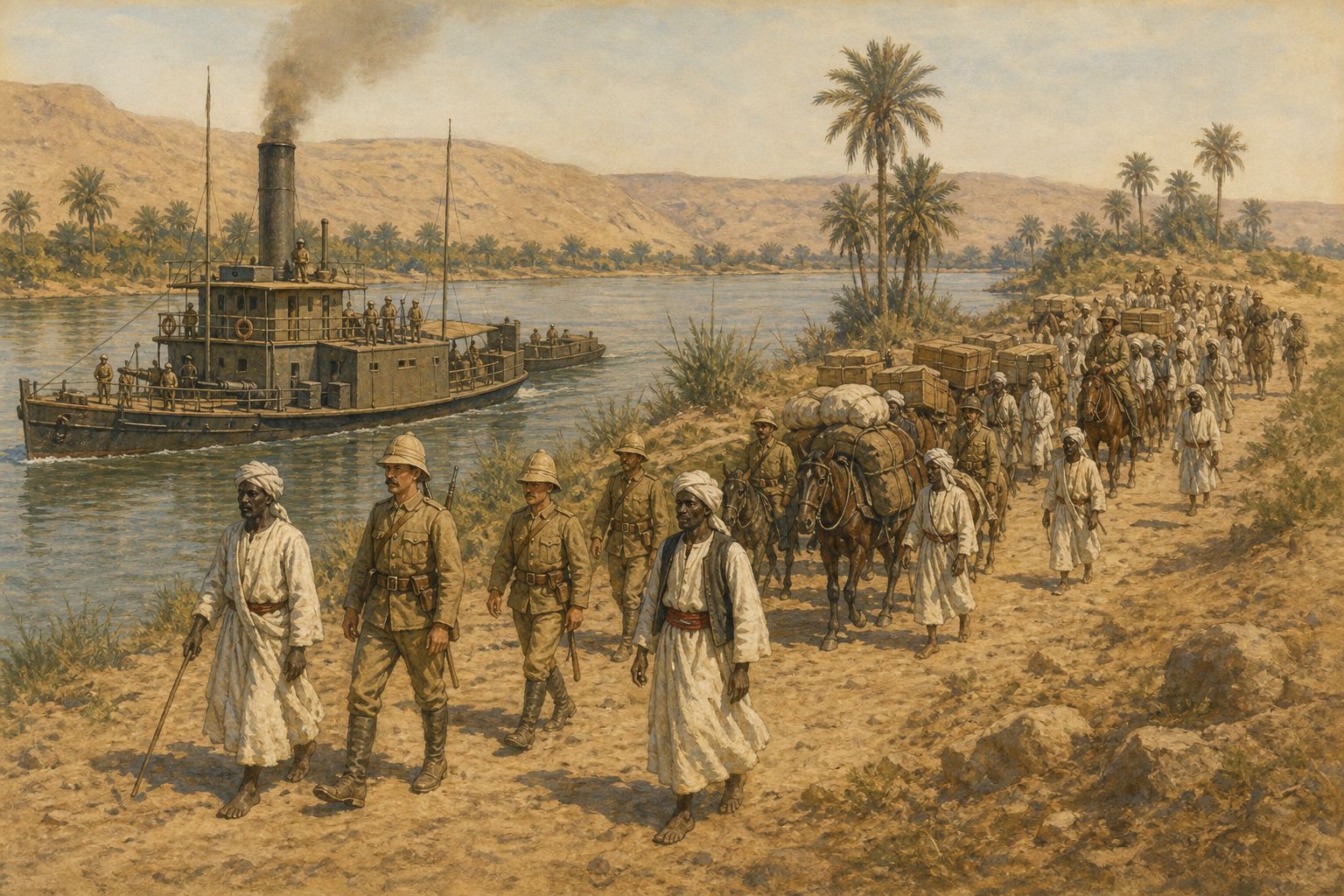 A river fleet and supply column advance along the Nile toward reconquest