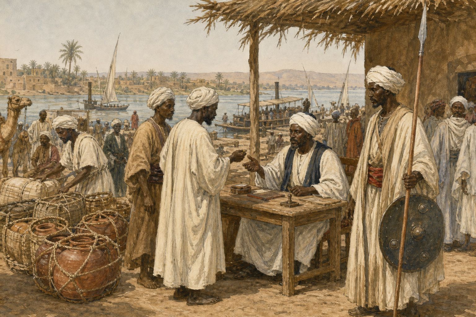 A merchant and an armed guard face a tax ledger at a Nile market