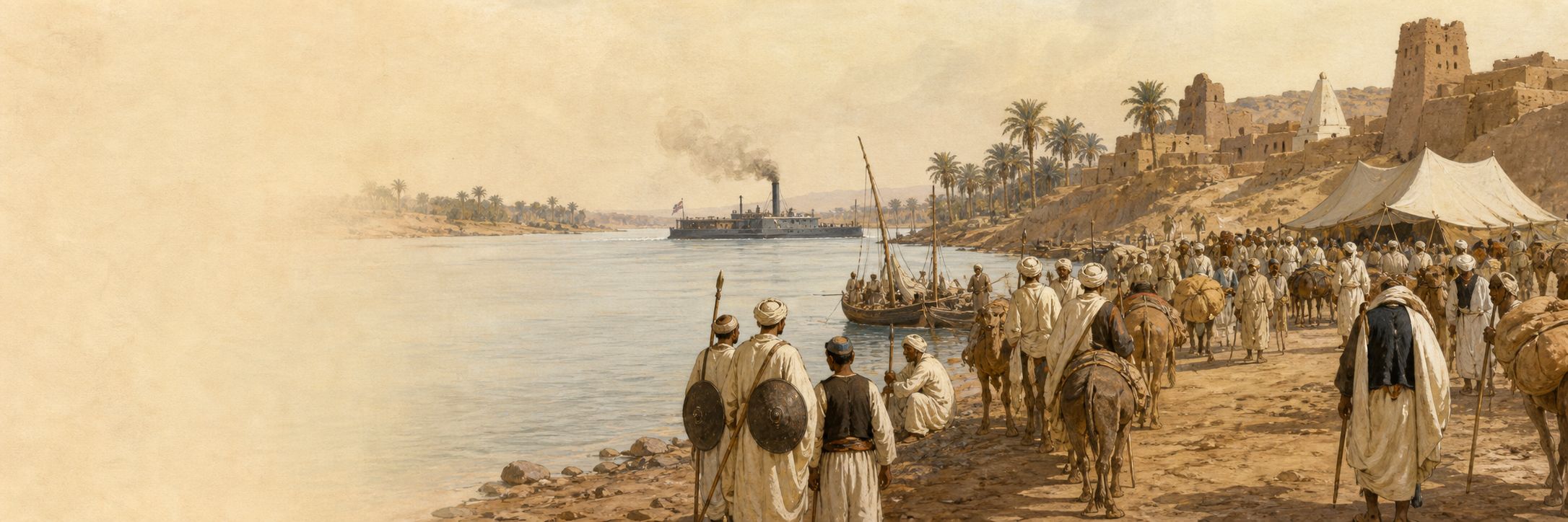 People discuss the administration of a new state beside the Nile, with boats and pack animals behind them