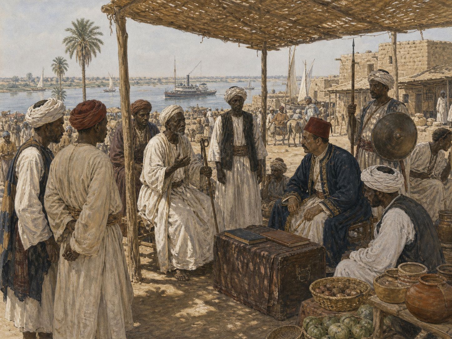 Merchants and officials debate taxation and authority in a Nile port
